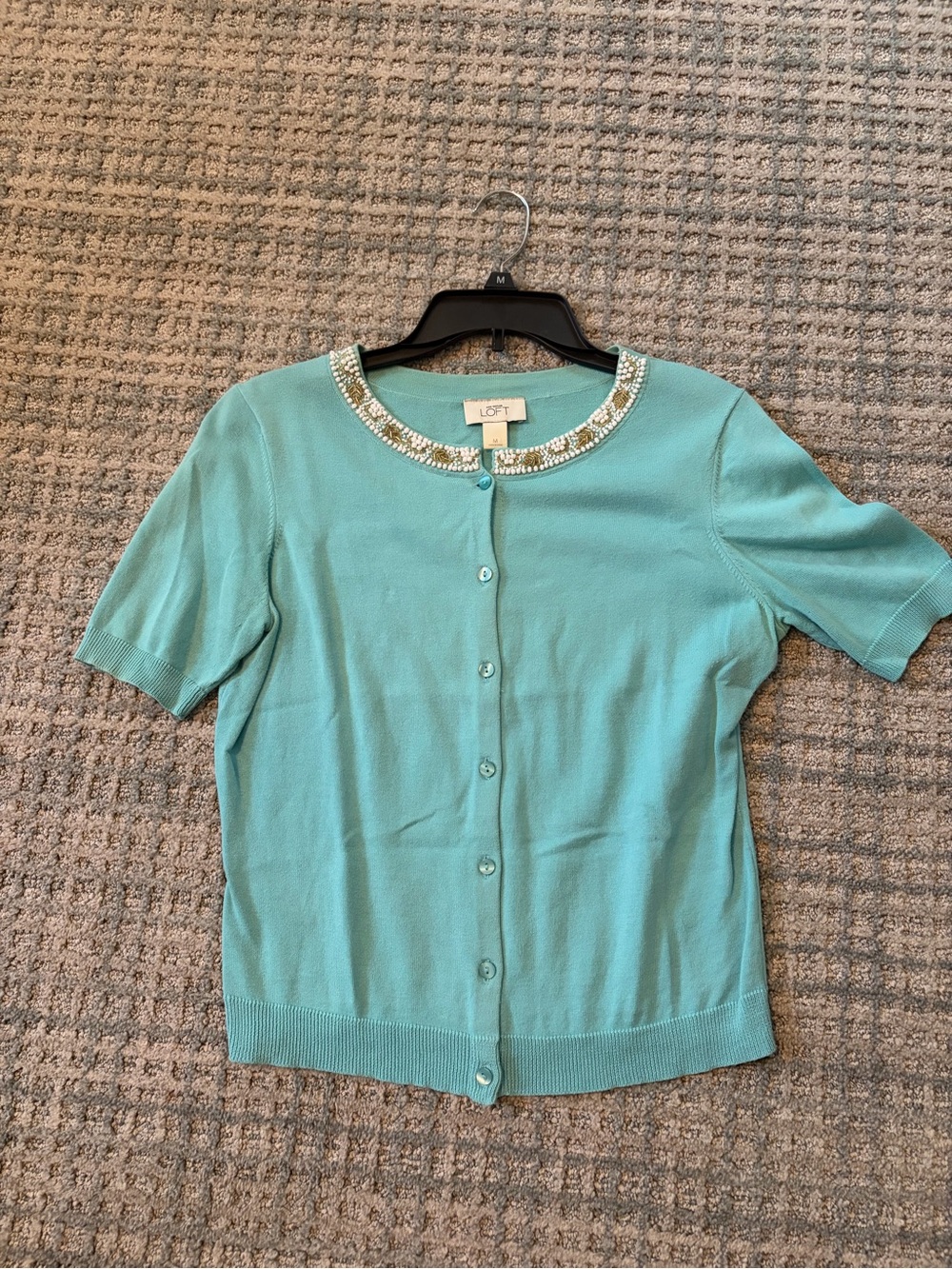 LOFT Beaded Neck Short-Sleeve Cardigan in Aqua EUC